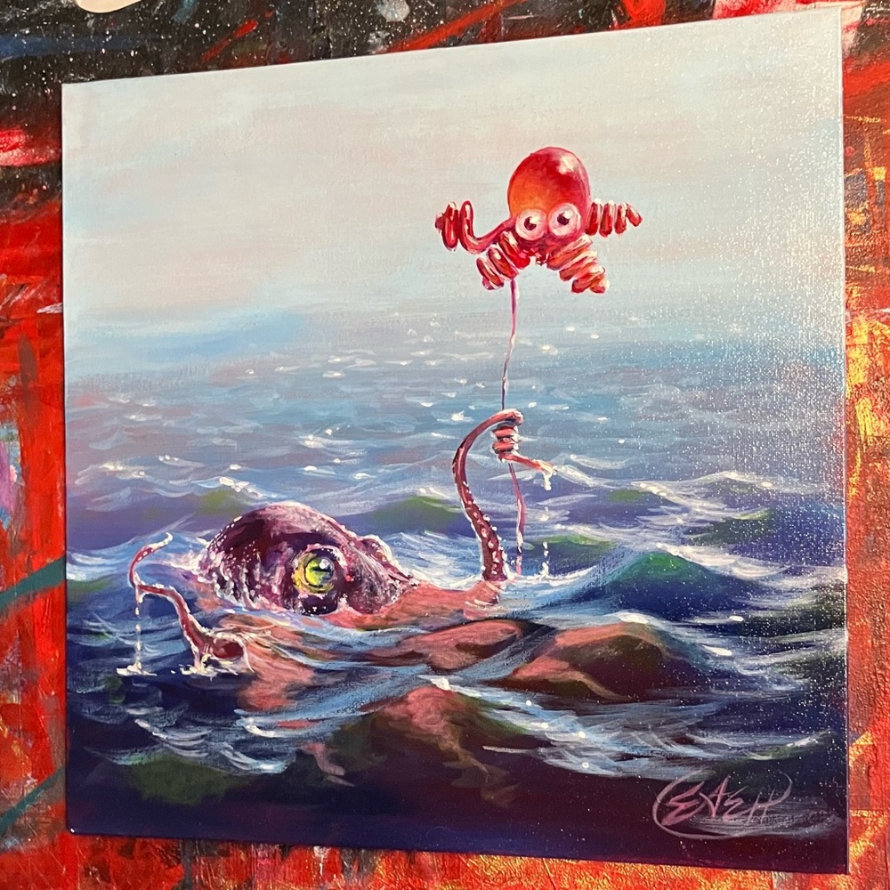 Original Art Octopus Squid painting Cute love Whimsical Ocean Sea Life artettina